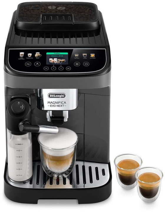 De'Longhi Magnifica Evo Next con la jarra de leche y un cappuccino