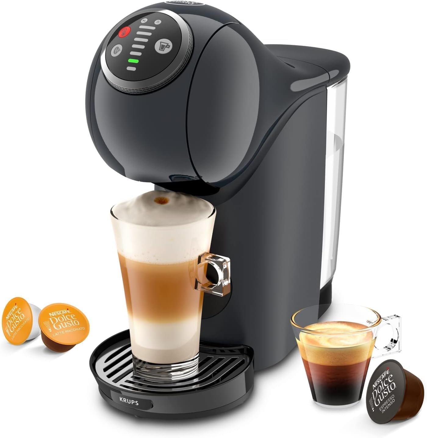 Dolce Gusto Genio S en gris con un latte macchiato y un espresso