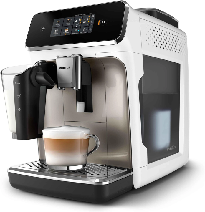 Philips 2300 LatteGo en blanco preparando un cappuccino