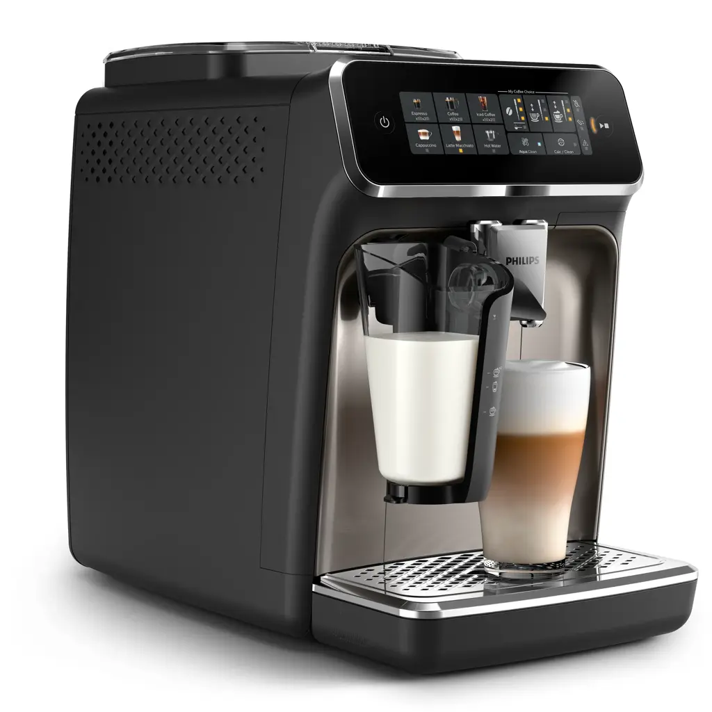 Philips 3300 LatteGo con el depósito de leche y un latte macchiato