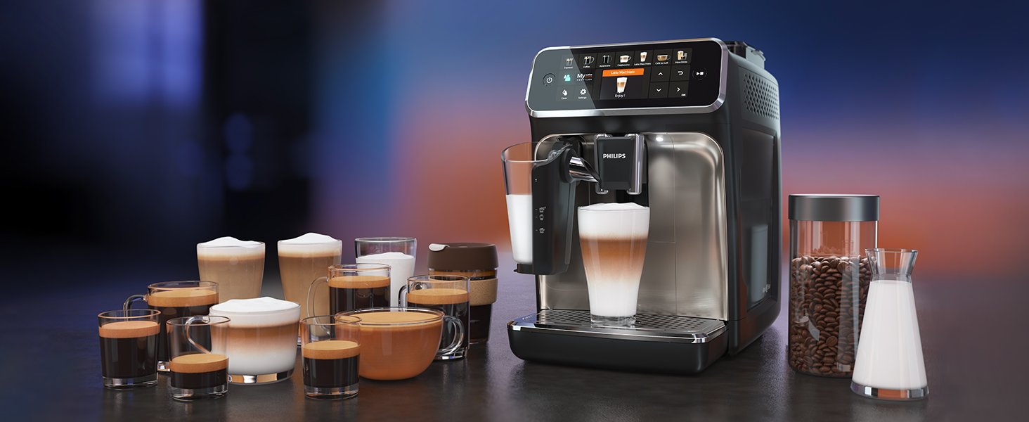 Philips 5400 LatteGo junto a las bebidas que prepara